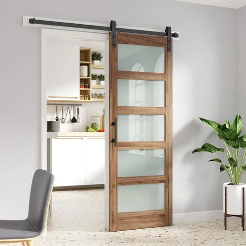 FREDBECK Puerta de granero de vidrio de 32 x 84 pulgadas con kit de herrajes para puerta de granero de 5.5 pies y asa incluida, 5 paneles de vidrio