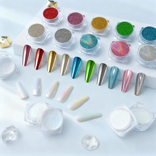 Miniatura 7 de 16 tarros de polvo de uñas cromado, arte de uñas, decoración con purpurina, efecto espejo metálico, holográfico, aurora, perla, sirena, blanco