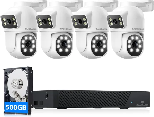 CAMCAMP Sistema de cámara de seguridad POE, sistema de cámara de seguridad con cable de doble lente para exteriores, 4 cámaras 2 en 1, audio de 2