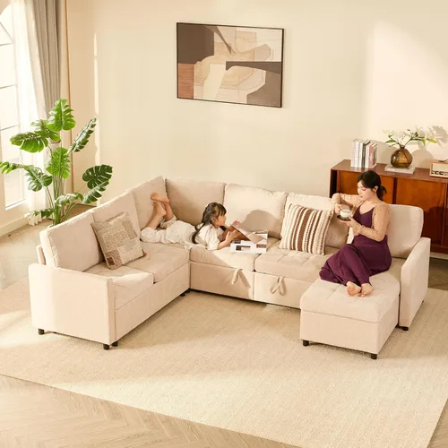 Miniatura 7 de Sofá cama modular de 107 pulgadas, juego de piezas modulares con cama extraíble, sofá modular en forma de U con almacenamiento, sofás de asiento