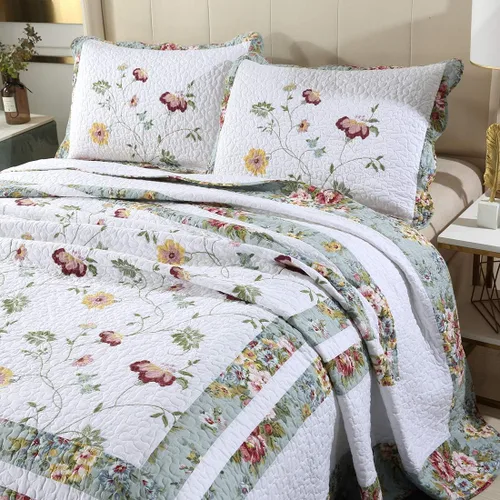 Miniatura 2 de vctops Juego de edredón bordado de algodón floral de 3 piezas, elegante, reversible, ligero, suave, con 2 fundas de almohada