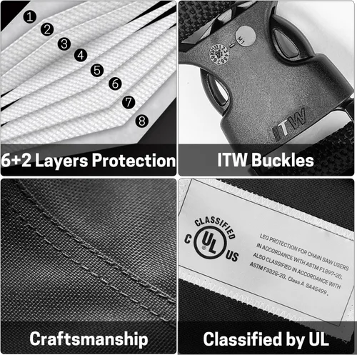 Miniatura 3 de Delantal protector de 8 capas para motosierra, pantalones ajustables para motosierra, para madereros, trabajadores forestales clase A Negro