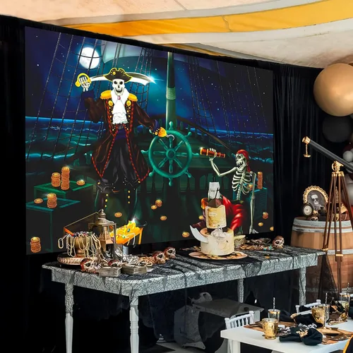 Miniatura 6 de Cheerland Telón de fondo de tela para fiesta de cumpleaños de pirata, decoración de Halloween, esqueleto de cráneo, piratas, pancarta de puerta