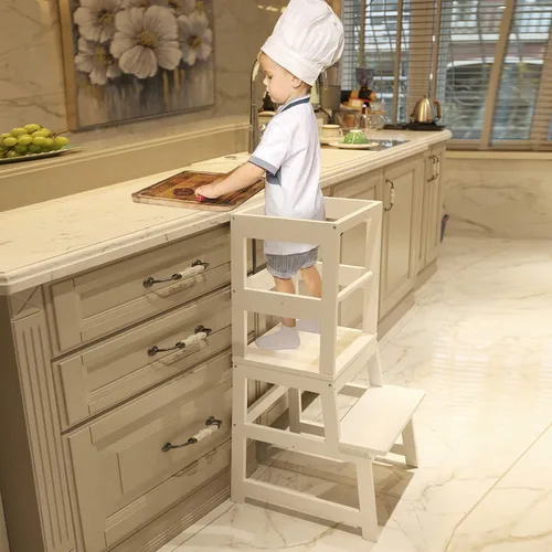 Miniatura 14 de Taburete de cocina WOOD CITY, taburete de cocina para niños pequeños con baranda de seguridad, altura ajustable, torre de aprendizaje para niños