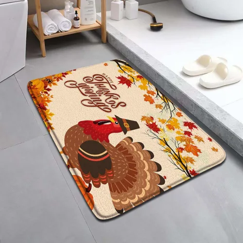 Miniatura 6 de Juego de 3 alfombras de baño para el día de Acción de Gracias, pavo de dibujos animados, granja, hoja de arce, calabaza, cosecha de otoño