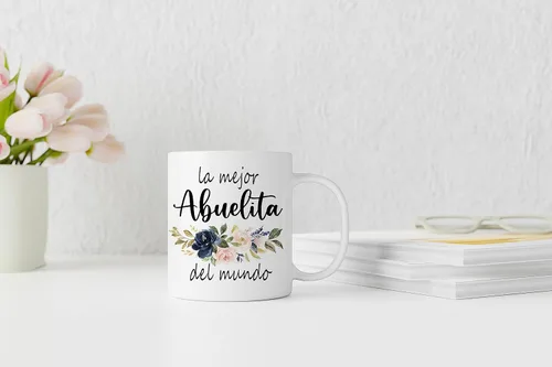 Miniatura 3 de QASHWEY Taza de café floral con texto en inglés "Best Grandma in The World", taza de cerámica impresa de doble cara para cumpleaños de abuelas