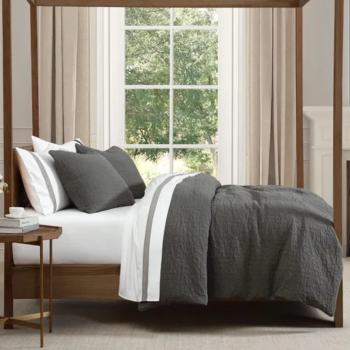 Miniatura 3 de HiEnd Accents Porto Matelassé - Juego de edredón de 3 piezas con fundas de almohada, tamaño Queen, algodón gris carbón texturizado, moderno