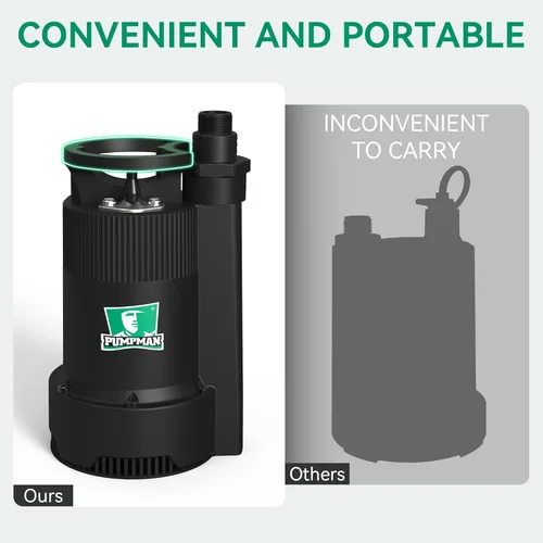 Miniatura 9 de PUMPMAN Bomba de agua portátil de 1/4 HP, bomba sumergible de utilidad de 2110 GPH con manguera de jardín de 3/4 pulgadas, adaptador de válvula