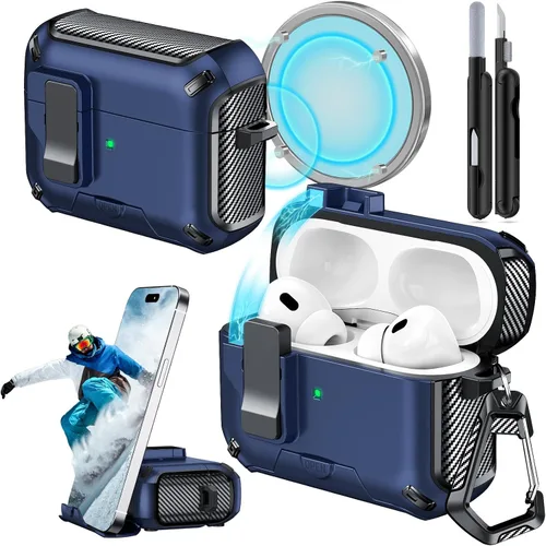 Miniatura 29 de Funda para AirPods Pro 2 (2023/2022/2019) con soporte para teléfono, (con interruptor a presión automático), diseño de fibra de carbono, cubierta