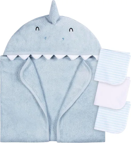 Gerber Baby juego de 4 piezas de toalla con capucha y toallitas con personajes de animales, Tiburón Azul, talle único Azul (Blue Shark)