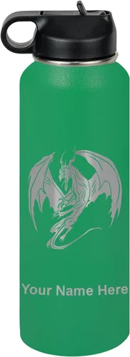 Miniatura 59 de LaserGram Botella de agua con tapa abatible de doble pared de 12 onzas con pajilla, dragón, grabado personalizado incluido (negro)
