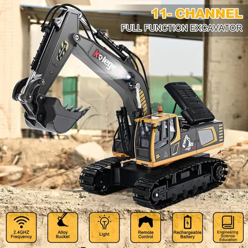 Miniatura 6 de kolegend - Juguete de excavadora a control remoto de 16 pulgadas, vehículos de construcción RC de 9 canales, excavadoras hidráulicas y vehículos