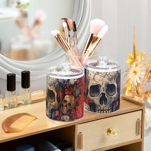 Miniatura 6 de Vnurnrn Qtip - Dispensador de bolas de algodón con tapa, estampado de corazones y calaveras, tarros de plástico, recipientes de baño, organizador