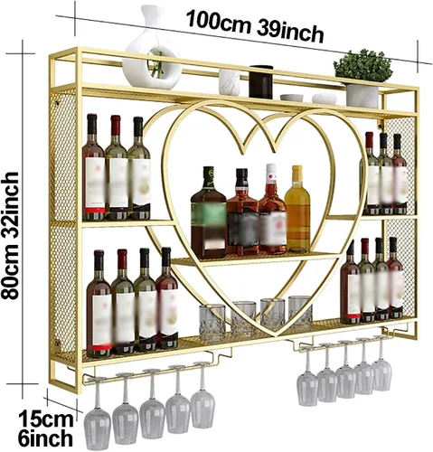 Miniatura 7 de Floating Wine Rack with Glass Holder and Heart Shaped Shelves Gold Wine Display Stand for Living Room or Wine Cellar Holds Liquor Bottles and Wine