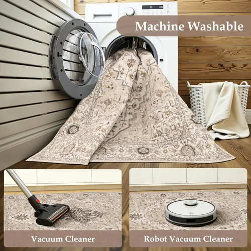 Miniatura 4 de Alfombra vintage lavable de 2 x 3: alfombra pequeña resistente a las manchas para baño, entrada, antideslizante, para dormitorio, ultra suave