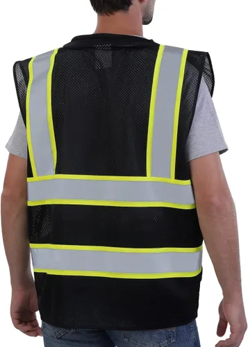 Miniatura 2 de Neopelta Chaleco de seguridad reflectante de malla negra, chaleco de alta visibilidad con bolsillos y cremallera, cuello acolchado, negro con ribete