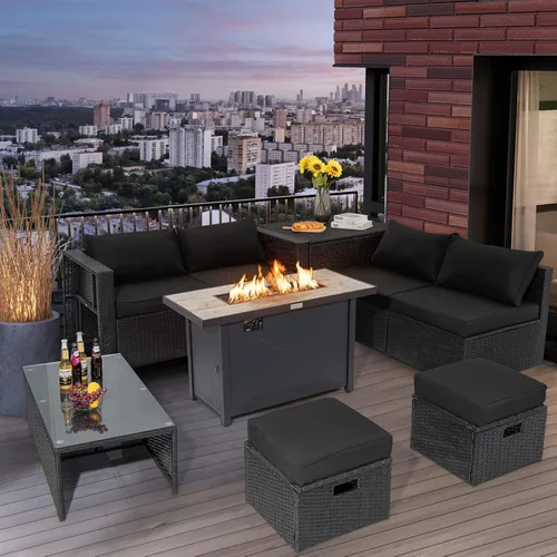 Miniatura 2 de Tangkula Sofá modular de mimbre para exteriores de 9 piezas con mesa de fogata de gas de 42 pulgadas y 60,000 BTU, juego de conversación de patio