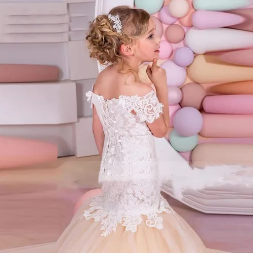 Miniatura 5 de Vestidos de sirena para niña de flores para boda, encaje blanco, tul champán, vestido de dama de honor con cola
