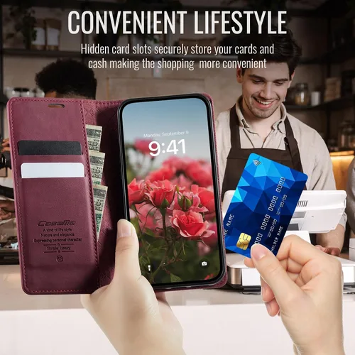 Miniatura 4 de Funda tipo cartera para iPhone 13 de piel tipo cartera con tarjetero y función atril, cierre magnético, bloqueo RFID, TPU a prueba de golpes, Rojo
