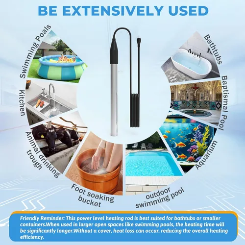 Miniatura 5 de Calentador de agua de inmersión de 1800W, calentador de piscina eléctrico totalmente sumergible, calentador de bañera de acero inoxidable