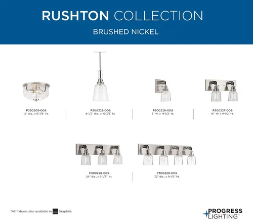 Miniatura 17 de Progress Lighting Rushton Collection - Lámpara de tocador de baño de cristal transparente (1 lámpara), níquel cepillado