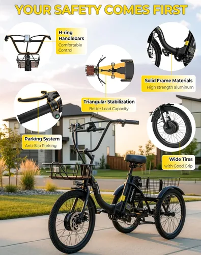 Miniatura 2 de Skeri Triciclo eléctrico, triciclo eléctrico de 1000 W para adultos, bicicleta eléctrica plegable de 3 ruedas de 20 pulgadas, triciclo E con batería