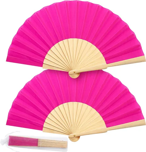Miniatura 12 de Chuangdi Paquete de 2 abanicos de mano plegables de tela chinos de 8.27 pulgadas, ventiladores japoneses portátiles con bolsas con cordón