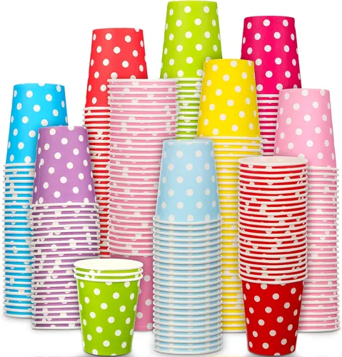 Potchen Paquete de 480 vasos desechables de papel de 9 onzas para enjuague bucal para bebidas frías con lunares para enfriadores de agua, fiestas,