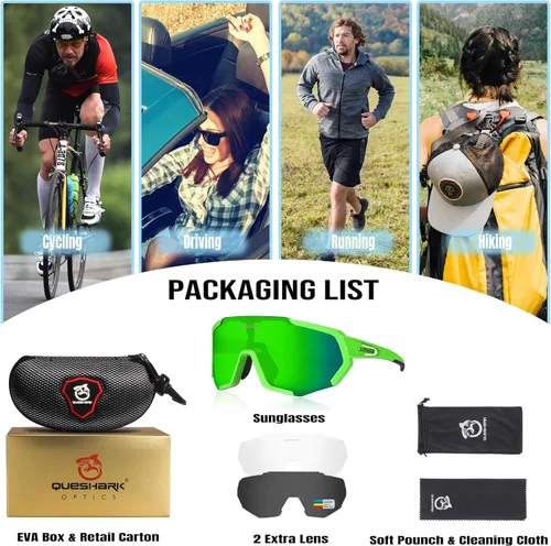 Miniatura 5 de Queshark - Gafas de ciclismo, lentes de sol deportivos para hombres y mujeres, 1 lente polarizada 2 HD, lentes de sol polarizados para ciclismo