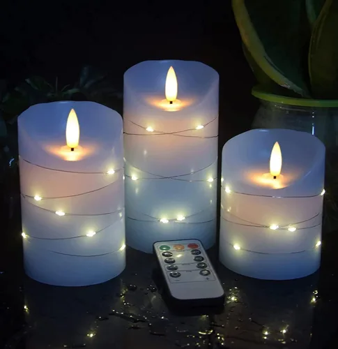 Miniatura 7 de danip Vela LED sin llama azul cielo con cuerda de luz de estrellas integrada, 3 velas LED, control remoto de 11 teclas, función de temporizador