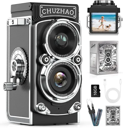 Cámara digital retro de Chuzhao, cámara vintage portátil estilo TLR de doble lente, 12MP con enfoque automático, 1080P FHD, cámara de apuntar y