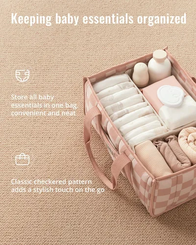 Miniatura 2 de Blissful Diary Organizador de pañales a cuadros, elegante cesta de almacenamiento para guardería, regalo para baby shower, artículos esenciales