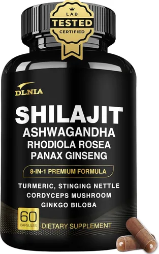 DLNIA Shilajit 8 en 1 para hombres y mujeres con suplemento orgánico del Himalaya Ashwaganda con Rhodiola Rosea, ginseng, cúrcuma, hongos, para