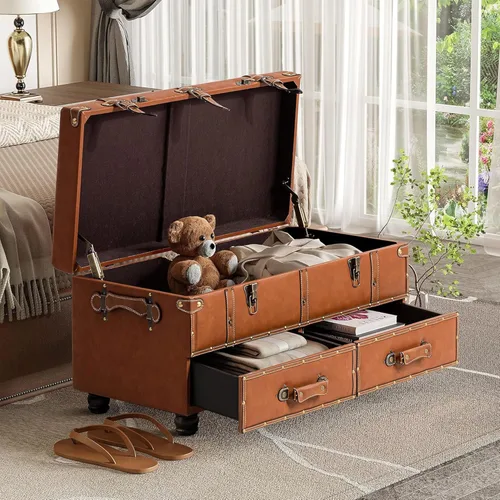 Miniatura 9 de COZAYH Banco de almacenamiento vintage tapizado, banco de cama estilo mediados de siglo, otomana de almacenamiento de piel sintética, acento, baúl