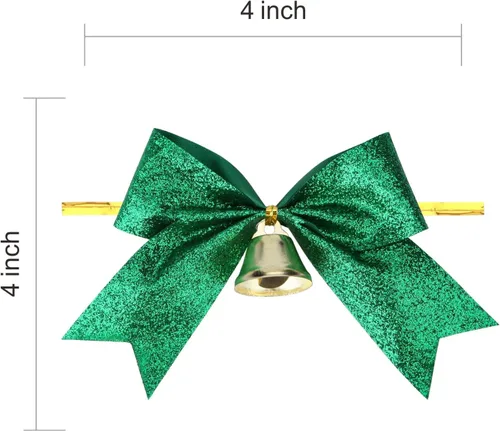 Miniatura 2 de Meseey 12 Lazos de Navidad con Campana de 4 Pulgadas Lazos de Cinta Verde Metálico con Purpurina Lazos Prefabricados con Alambre Retorcido de Brillo