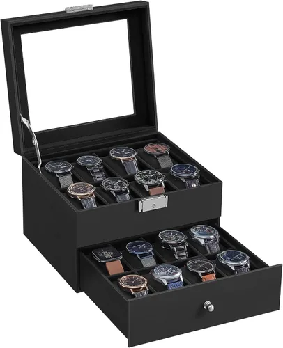 Miniatura 7 de SONGMICS Caja de reloj de 16 ranuras, caja de reloj con tapa de vidrio, 2 capas, vitrina de reloj con cerradura, cuero sintético negro, forro negro