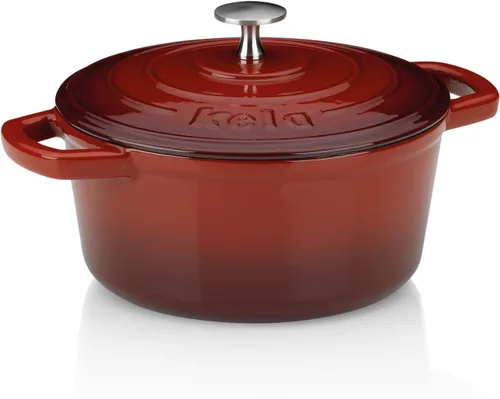 Kela - Fuente para asar con tapa, hierro fundido con revestimiento de esmalte, apta para cocinas de inducción, hierro fundido, rojo, 2,5 l, redondo