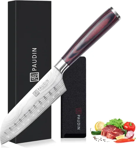PAUDIN - Cuchillo Santoku, cuchillo de chef de 5 pulgadas, cuchillo de cocina ultra afilado, cuchillo de chef japonés con funda, acero inoxidable de
