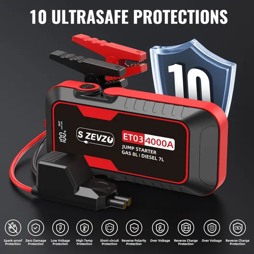 Miniatura 5 de S ZEVZO ET03 Arrancador de Coche 4000 A, Paquete de Batería de Arranque de 4000 A para Motores de Gasolina de hasta 8.0 L y Diésel de 7.0 L, Caja