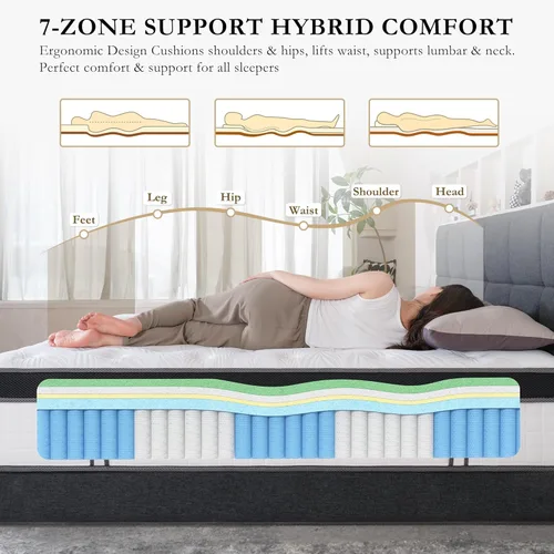 Miniatura 5 de Colchón tamaño individual mediano de 12 pulgadas de gel refrescante de espuma viscoelástica híbrida de 7 zonas, cama en una caja, funda