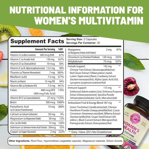 Miniatura 3 de Suplemento multimineral multivitamínico diario para mujer para energía, estado de ánimo, concentración, cabello, piel y uñas. Hecho para mujeres