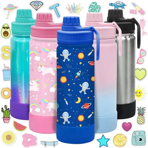 Miniatura 20 de CHILLOUT LIFE Botella de agua aislada para niños de 12 onzas para la escuela con tapa de boquilla a prueba de fugas y bonitas calcomanías Azul