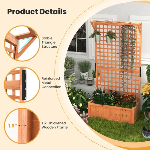 Miniatura 6 de Giantex Cama de jardín elevada con enrejado, contenedor de madera de 60 pulgadas con agujeros de drenaje, enrejado alto para colgar macetas