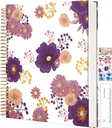 CAGIE Cuaderno en espiral de tapa dura 8.5 x 11, cuaderno en espiral floral de 200 páginas con bolsillos, cuadernos encuadernados en espiral grandes
