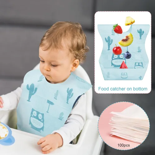 Miniatura 3 de Shinymoon 100 baberos desechables para bebé, envueltos individualmente, baberos de viaje, impermeables, atrapadores de alimentos para niños y niñas