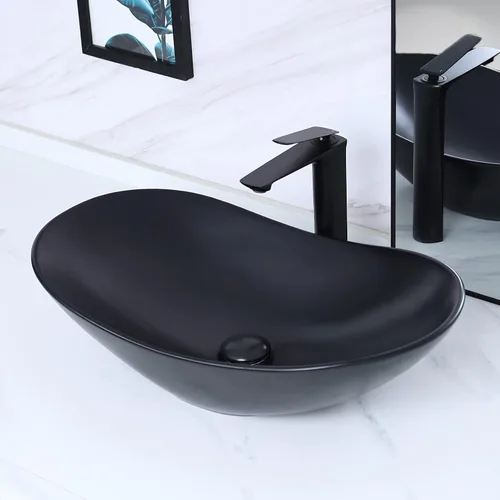 Miniatura 10 de Davivy Fregadero ovalado negro mate de 15.7 x 13 pulgadas con drenaje desplegable, fregaderos de baño sobre encimera, fregaderos de baño, fregaderos