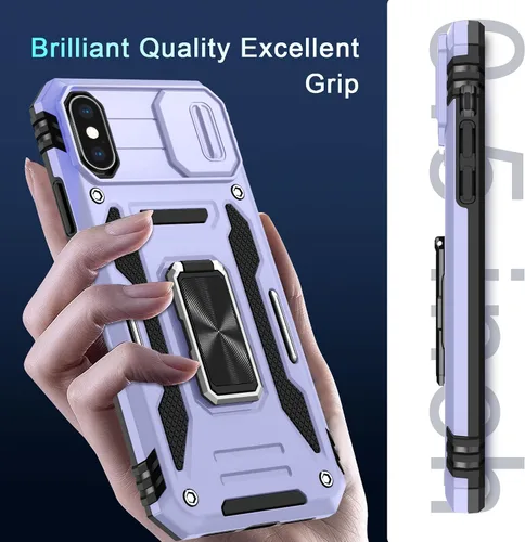 Miniatura 352 de DEERLAMN Funda para iPhone Xs Max con funda deslizante para cámara + protector de pantalla, soporte giratorio de anillo de grado militar a prueba