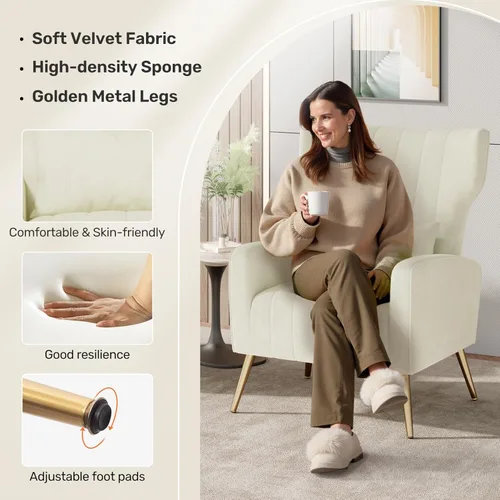 Miniatura 6 de Nalupatio Sillas decorativas de terciopelo, moderno sillón con respaldo alto con almohada lumbar, sillón tapizado de respaldo alto con patas de Beige