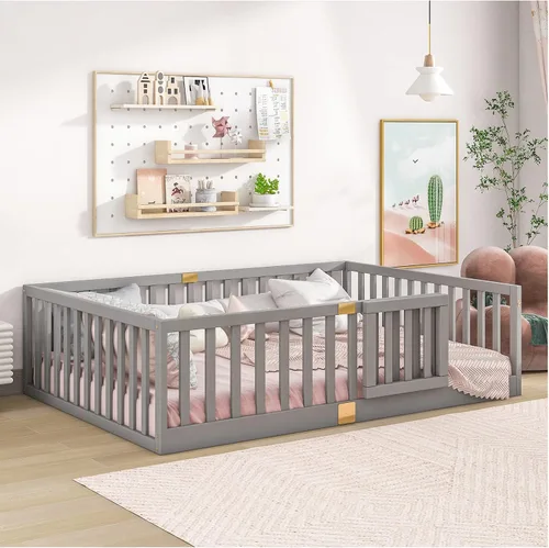 Miniatura 9 de Tatub Cama Montessori de suelo individual con rieles altos, marco de cama Montessori de madera maciza para niños, la puerta se puede instalar a Gris