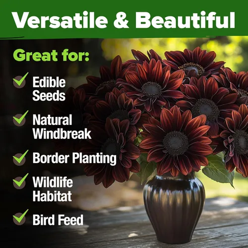 Miniatura 7 de HOME GROWN Semillas de girasol de cereza y chocolate, 75 semillas de reliquia para plantar girasoles burdeos, flor alta para jardín, polinizadores